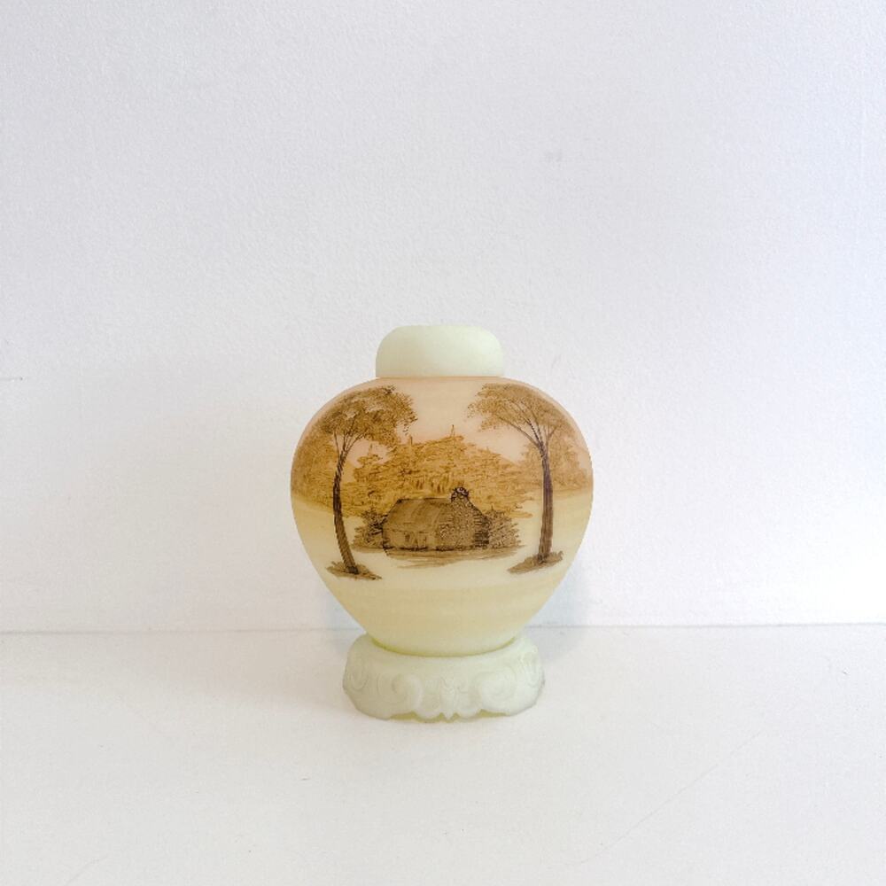 VINTAGE FENTON ART GLASS GINGER JAR 3-PC "LOG CABIN" SERIES CUSTARD SATIN GLASS